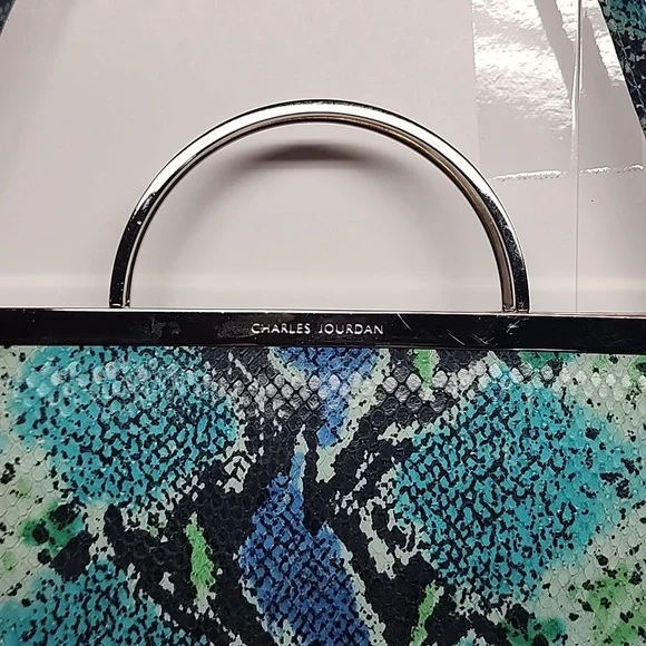 Charles Jourdan VINTAGE blue green gray reptile print silver hardware purse.boho - Picture 3 of 9